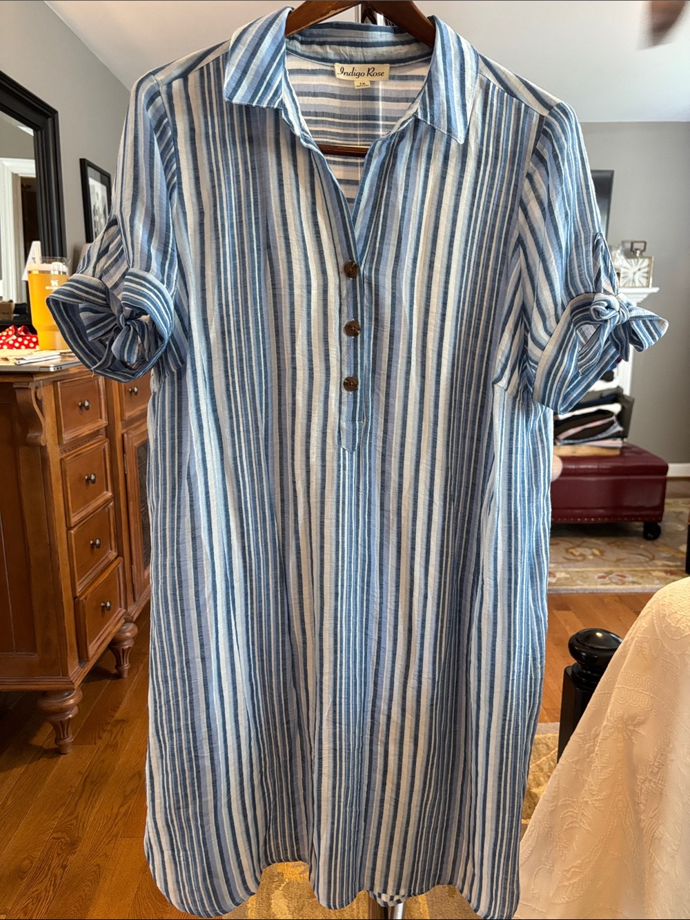 Indigo Rose Blue & White Striped Gauzy Shirt Dress